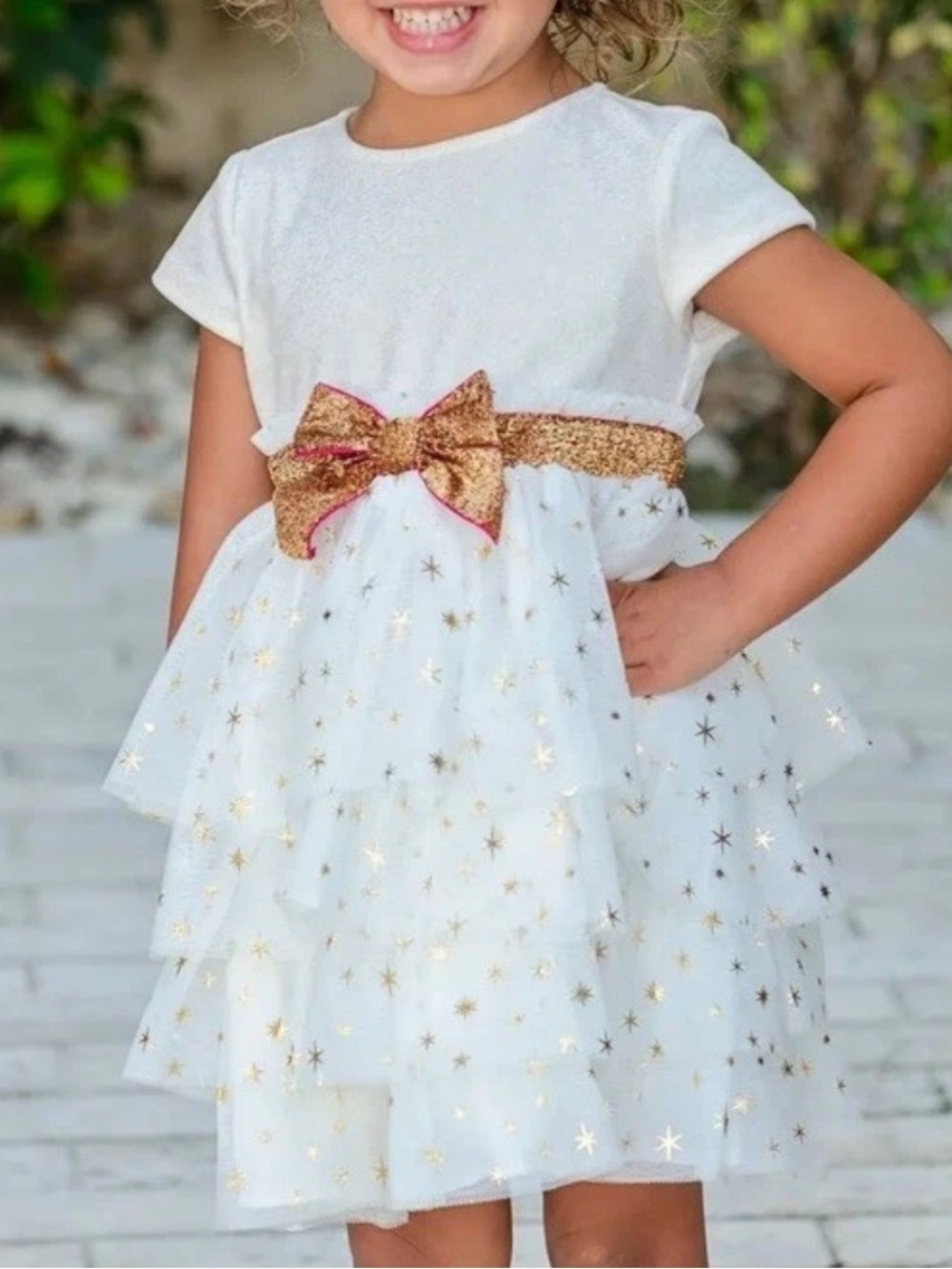 American Girl Bitty Baby Tiered Tulle Dress with Gold Star Print Gold Bow Sz 7